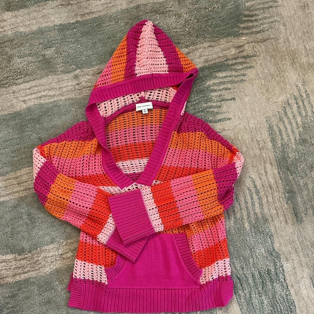 Colorful V-Neck Striped Sweater with Hood